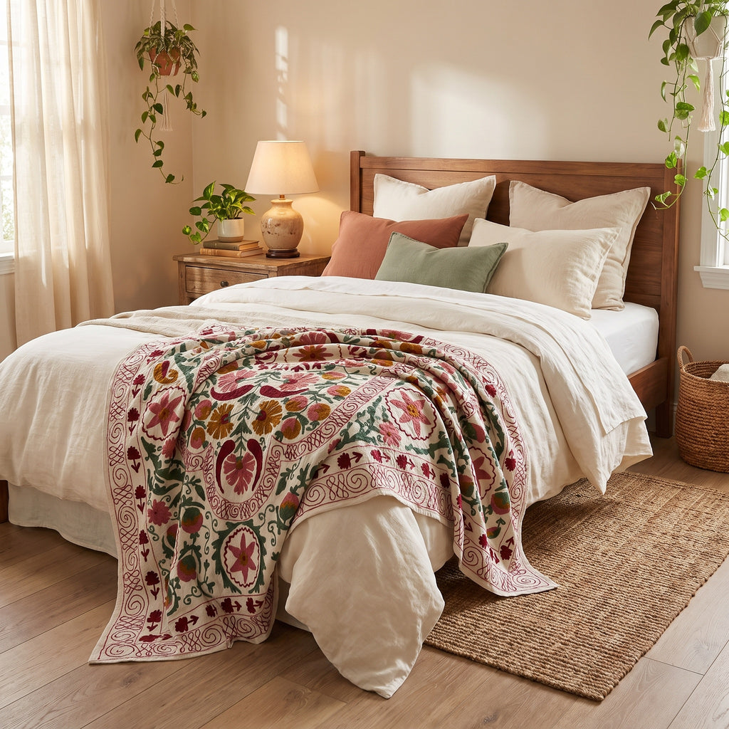 Falling Frond Hand-Embroidered Cotton Suzani Throw