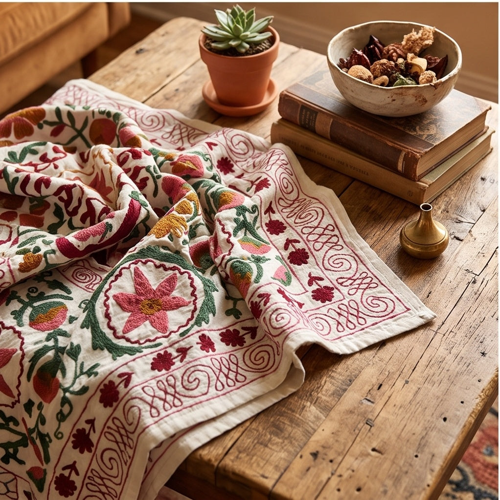 Falling Frond Hand-Embroidered Cotton Suzani Throw