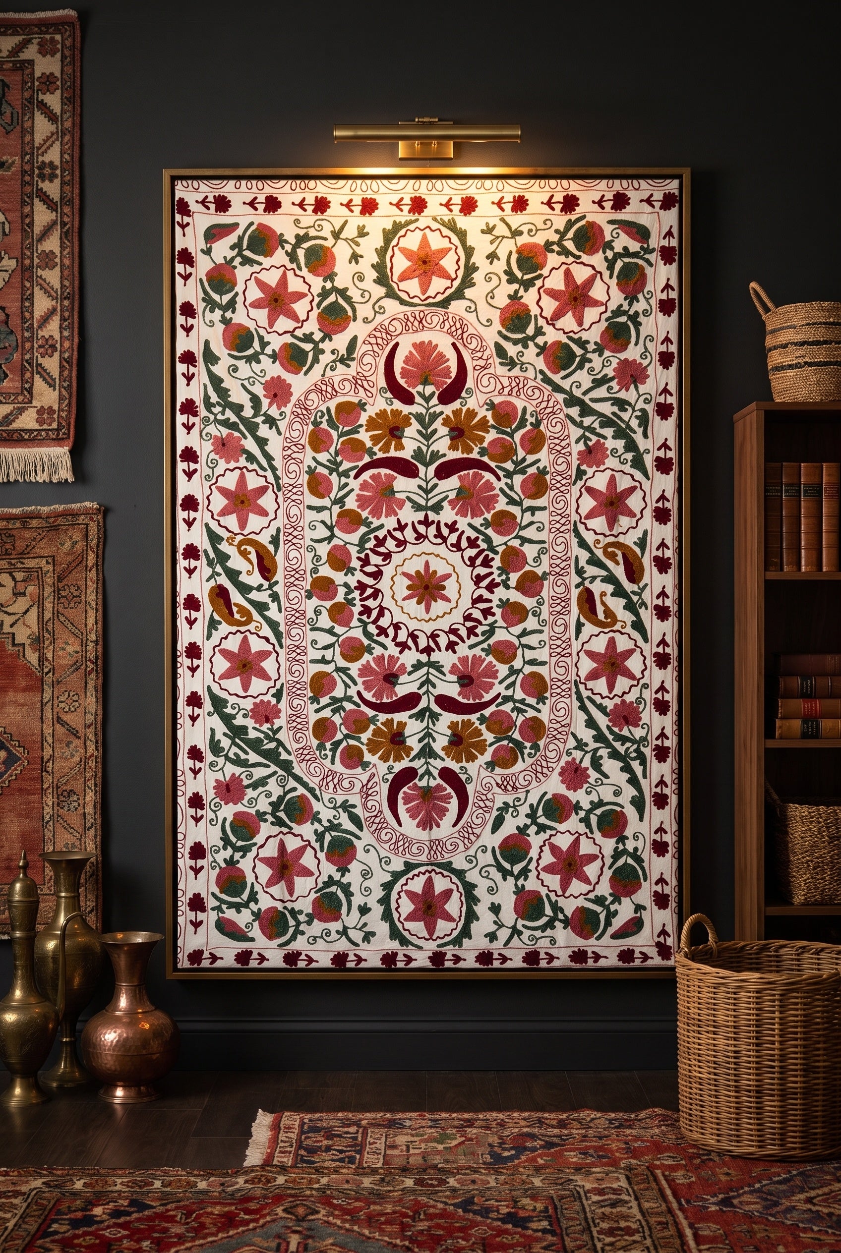 Falling Frond Hand-Embroidered Cotton Suzani Throw