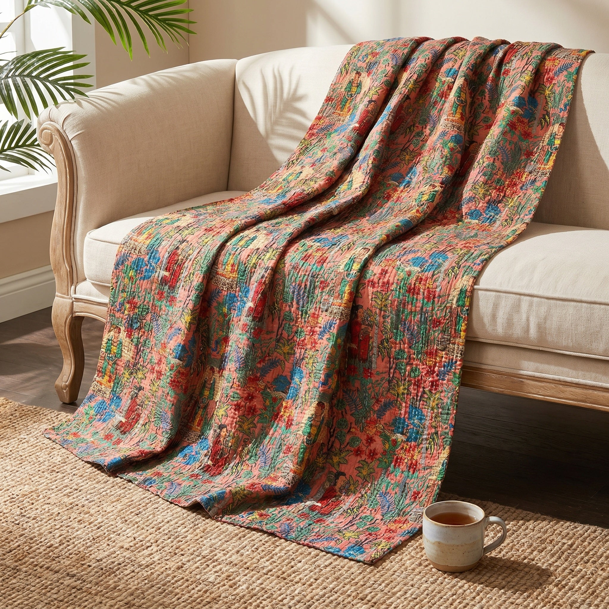 Forest Fern Cotton Reversible Kantha Throw