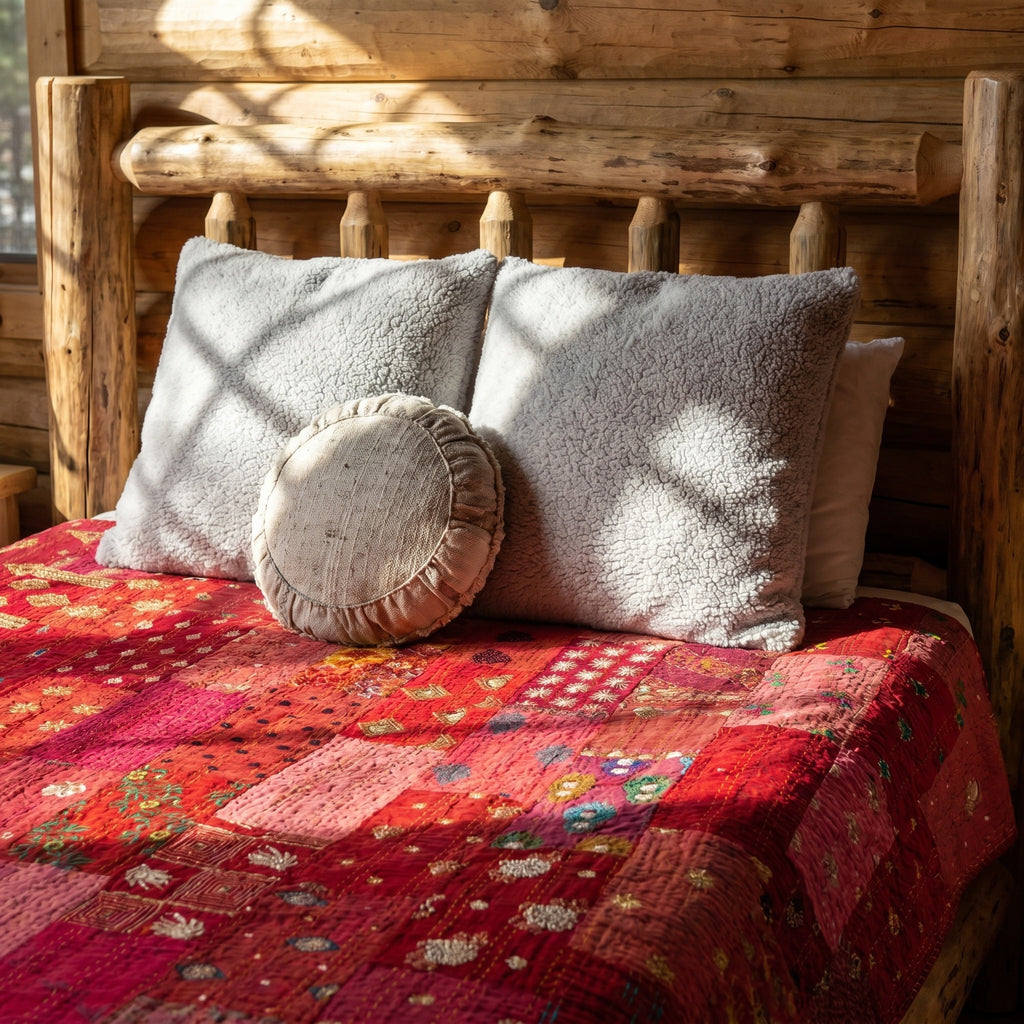 Azure Mist Handmade Patola Kantha Bedspread