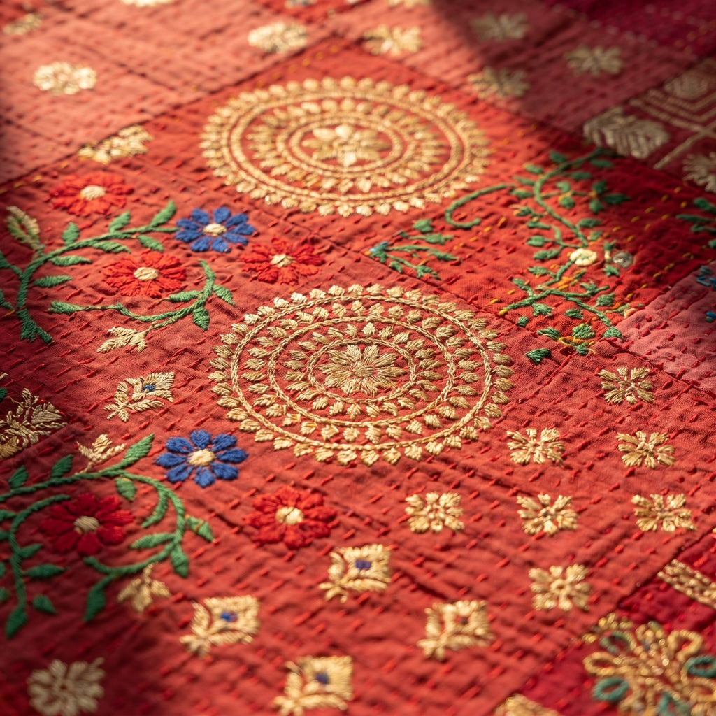 Azure Mist Handmade Patola Kantha Bedspread
