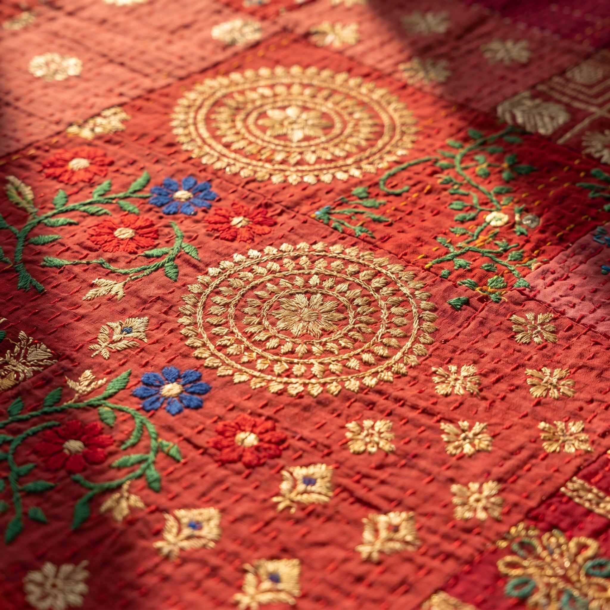 Azure Mist Handmade Patola Kantha Bedspread