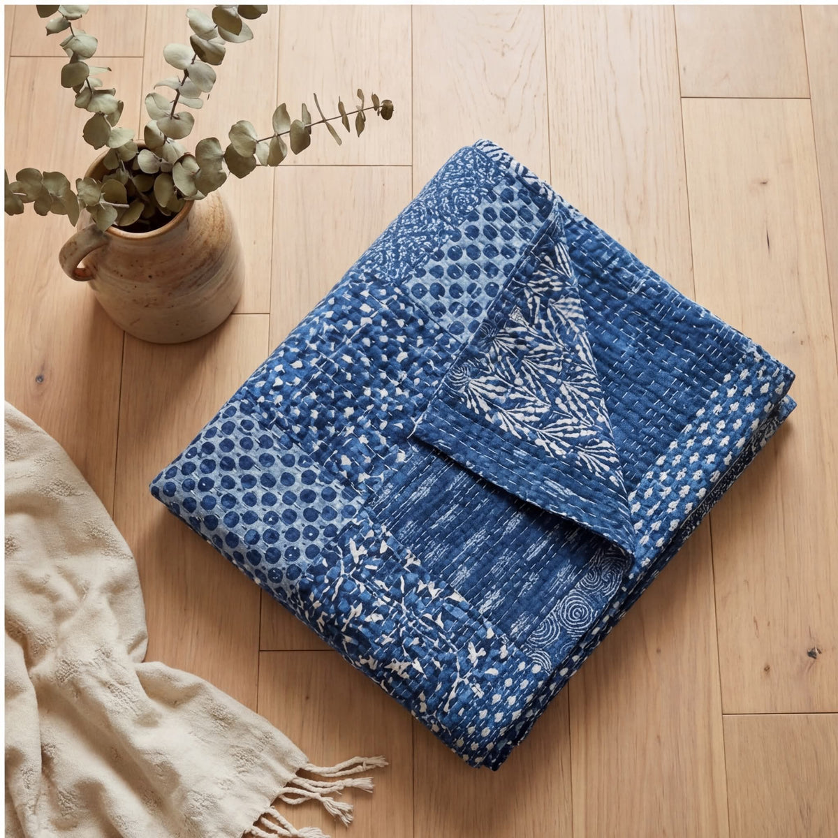 Indigo Patchwork Kantha Queen Bed-spread (Reversible)