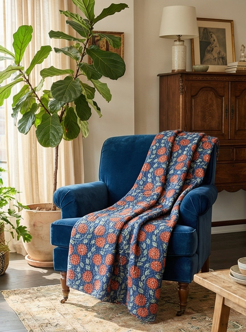The Indigo Marigold Cotton Hand-Made Kantha Throw Blanket