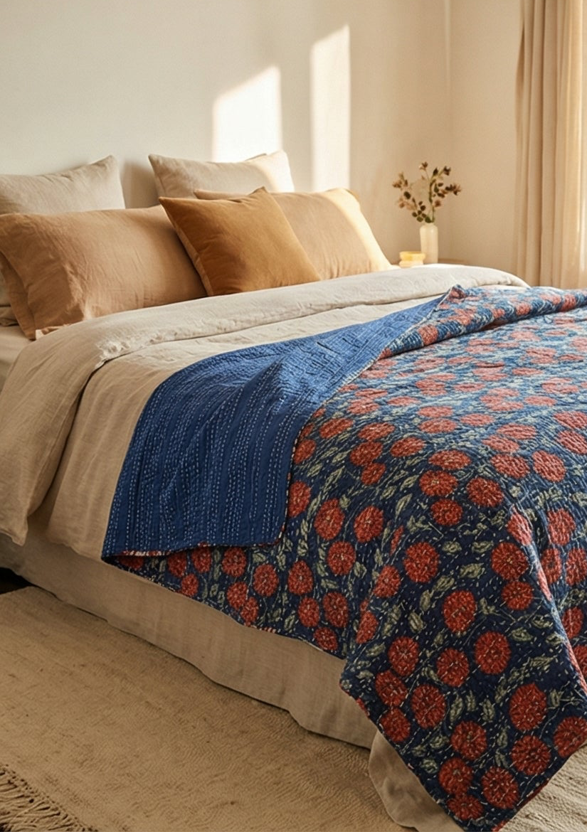 The Indigo Marigold Cotton Hand-Made Kantha Throw Blanket
