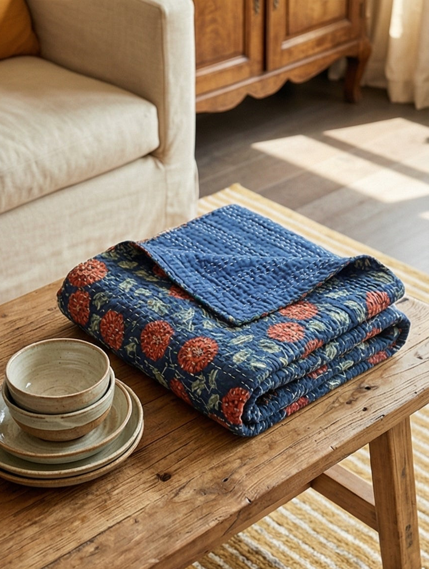 The Indigo Marigold Cotton Hand-Made Kantha Throw Blanket