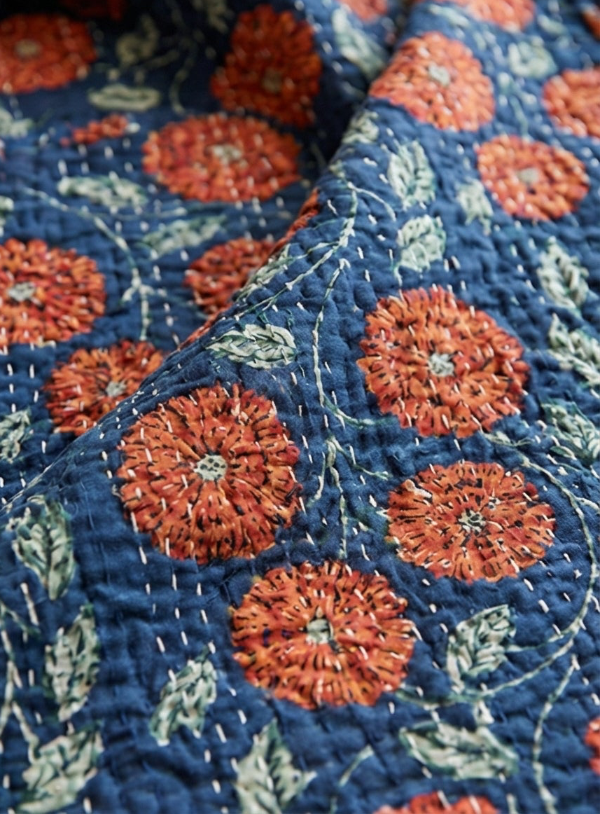 The Indigo Marigold Cotton Hand-Made Kantha Throw Blanket