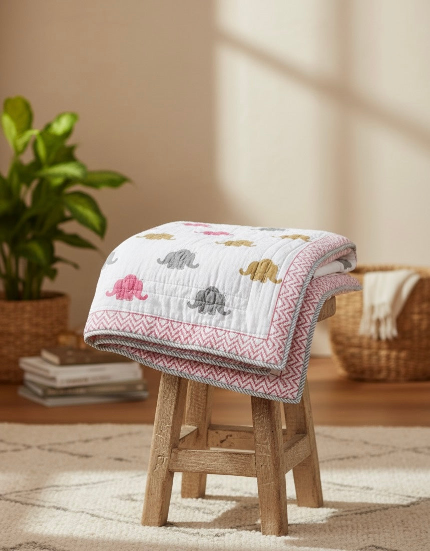 Elephant Dreams - 100% cotton Hand Made Artisnal Baby Quilt