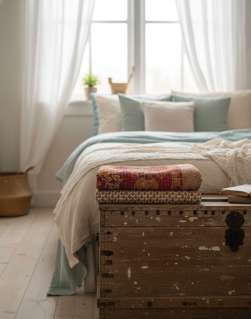 Gulmohar Dreams Hand-Made Kantha Throw Blanket