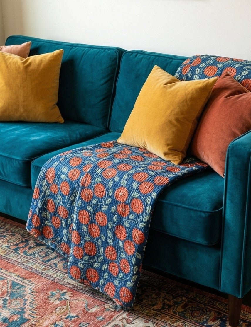 The Indigo Marigold Cotton Hand-Made Kantha Throw Blanket