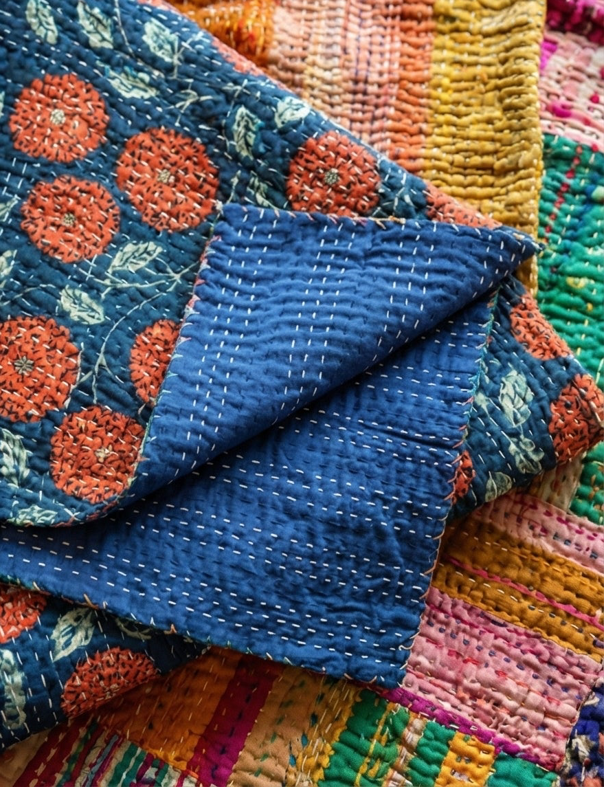 The Indigo Marigold Cotton Hand-Made Kantha Throw Blanket