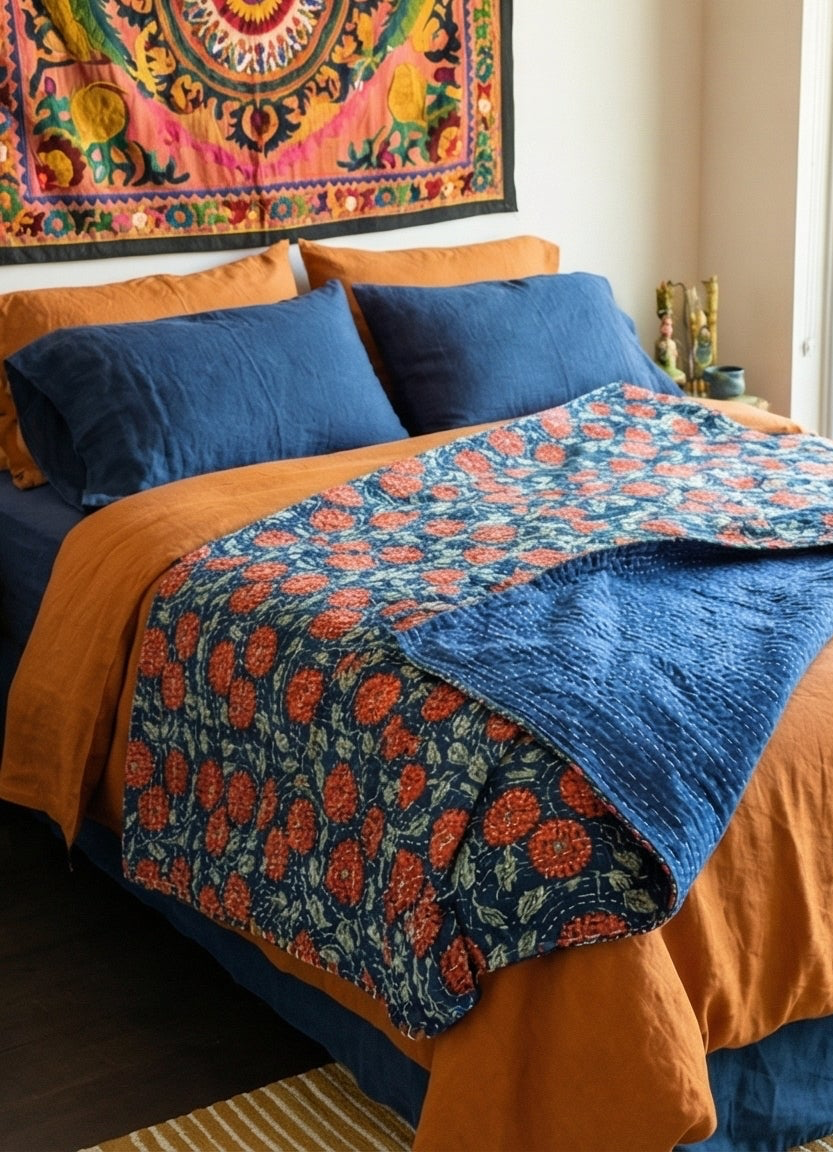 The Indigo Marigold Cotton Hand-Made Kantha Throw Blanket