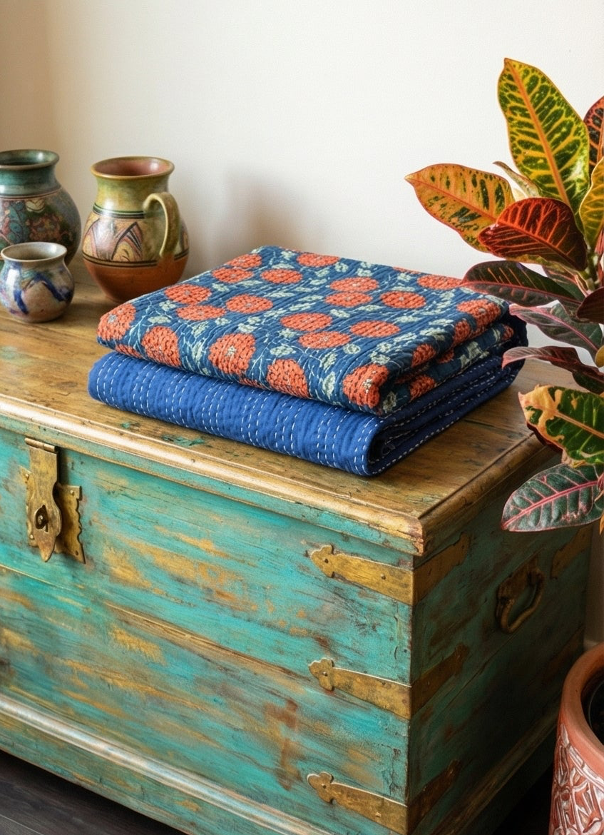 The Indigo Marigold Cotton Hand-Made Kantha Throw Blanket
