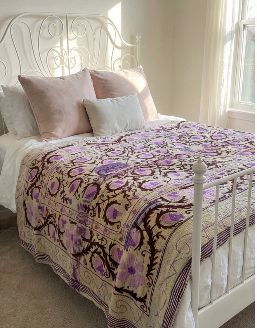 Lilac Pomegranate Vine Luxury Vintage Suzani Kantha Throw Blanket