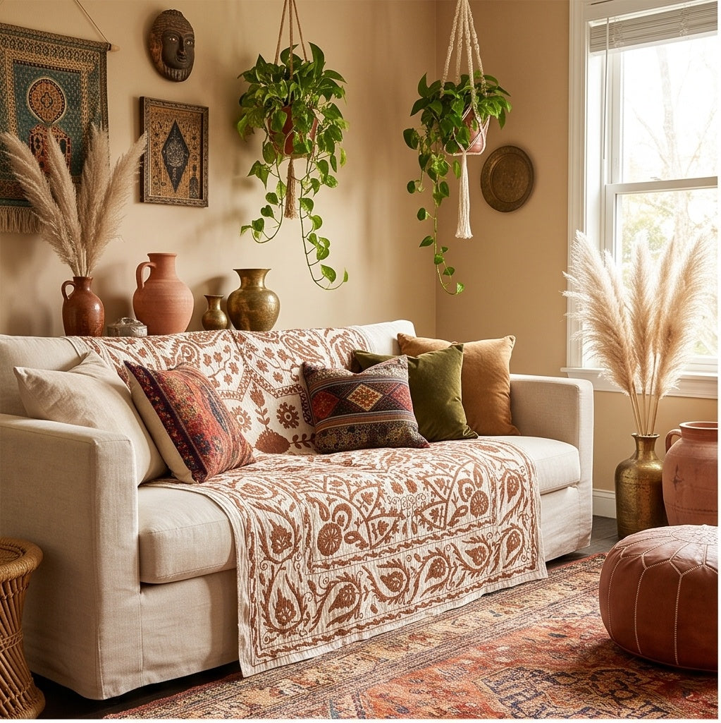 Brushing Bracken Hand-Embroidered Cotton Suzani Throw