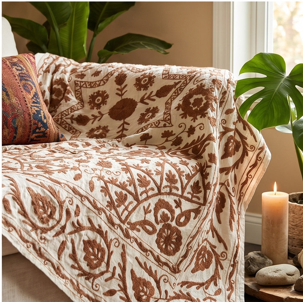 Brushing Bracken Hand-Embroidered Cotton Suzani Throw