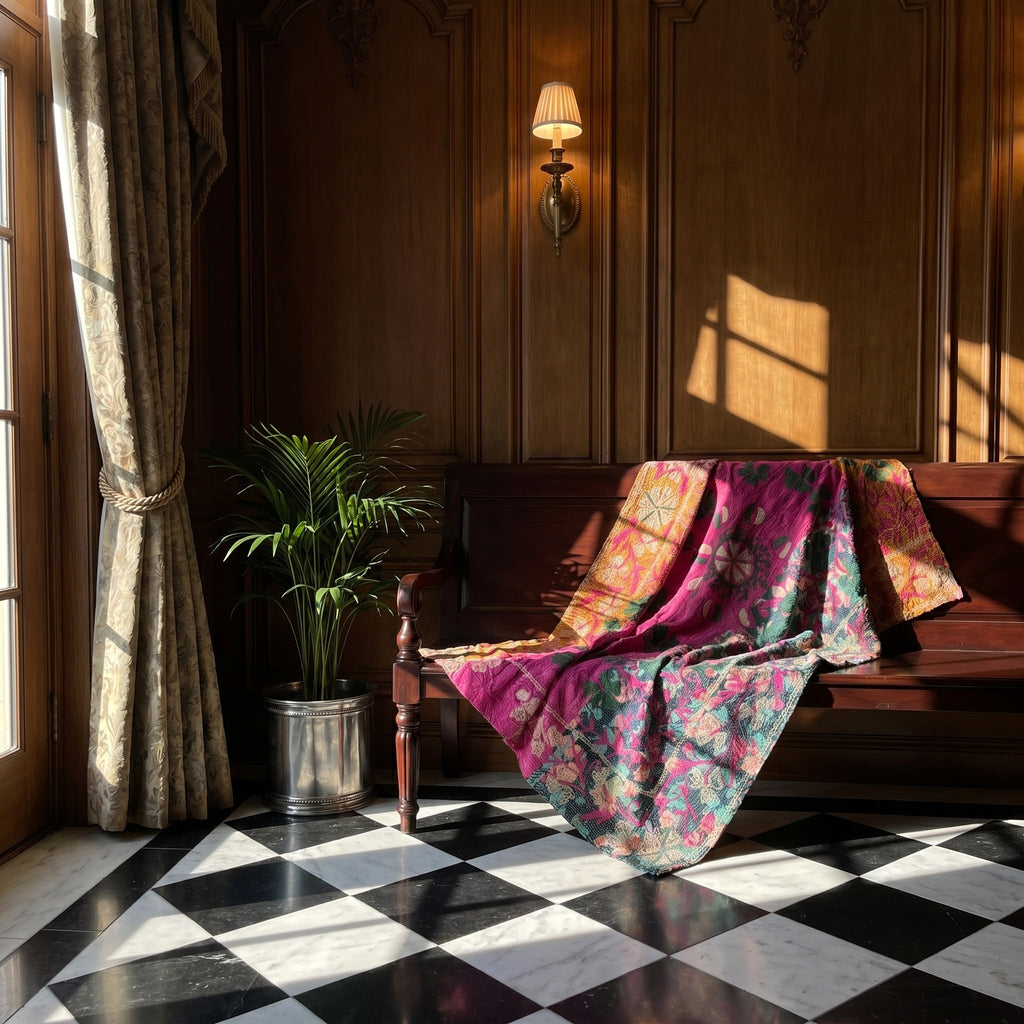 Indigo Bloom Luxury Vintage Suzani Kantha Throw