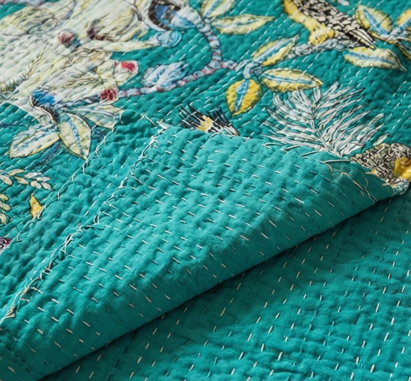 Emerald Canopy Cotton Hand-Made Kantha Throw Blanket