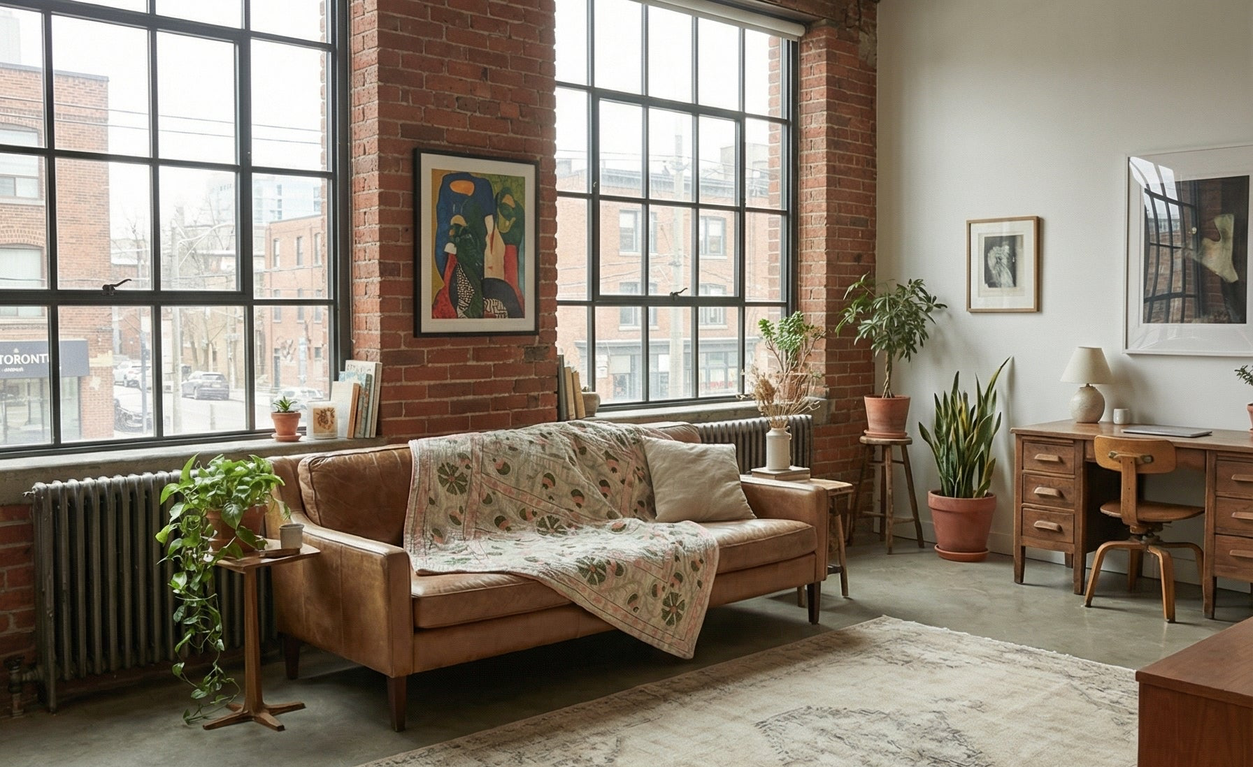 Cozy living room with a brown sofa, large windows, and brick walls.