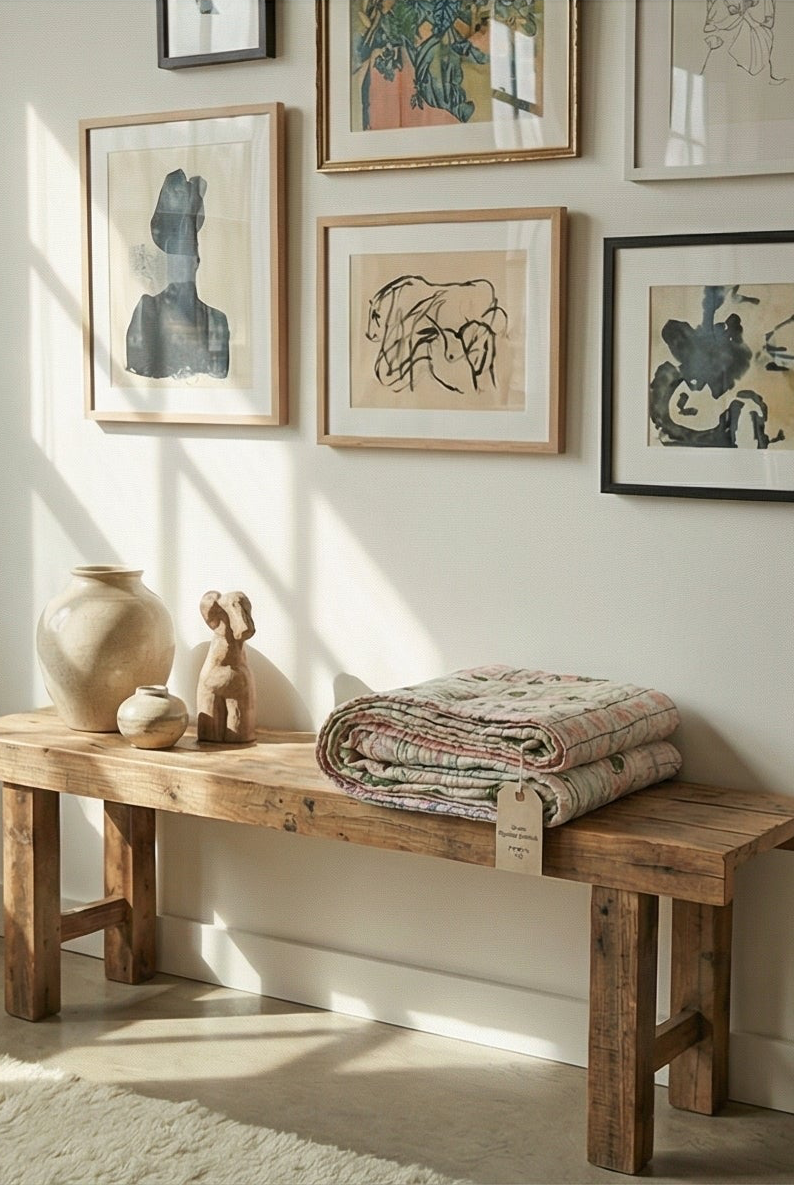 Wooden bench with decorative items against a wall with framed art