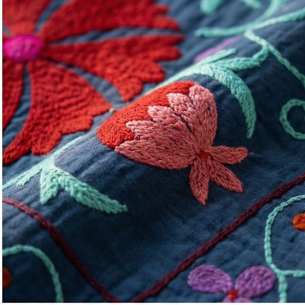 Wandering Petal Hand-Embroidered Cotton Throw