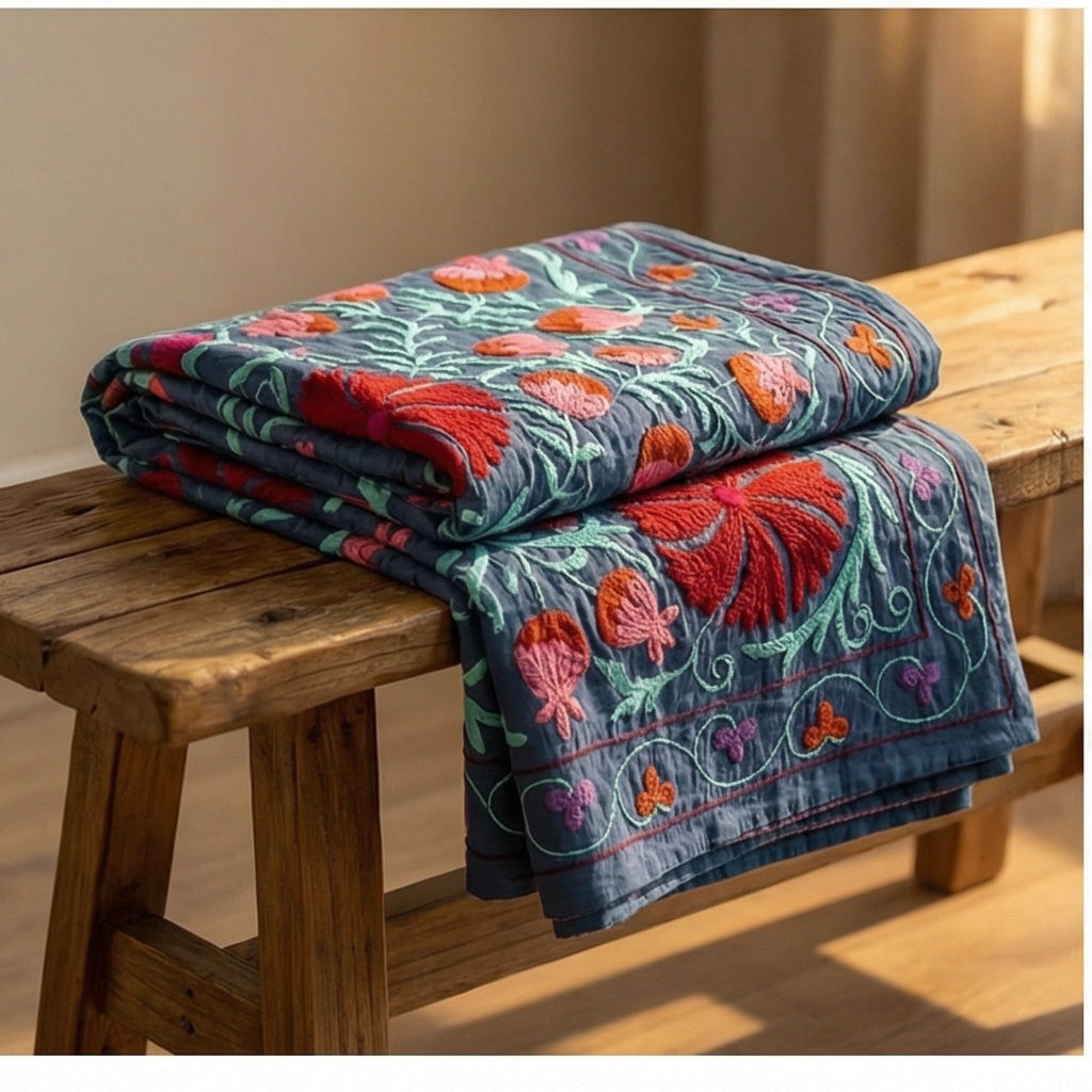 Wandering Petal Hand-Embroidered Cotton Throw