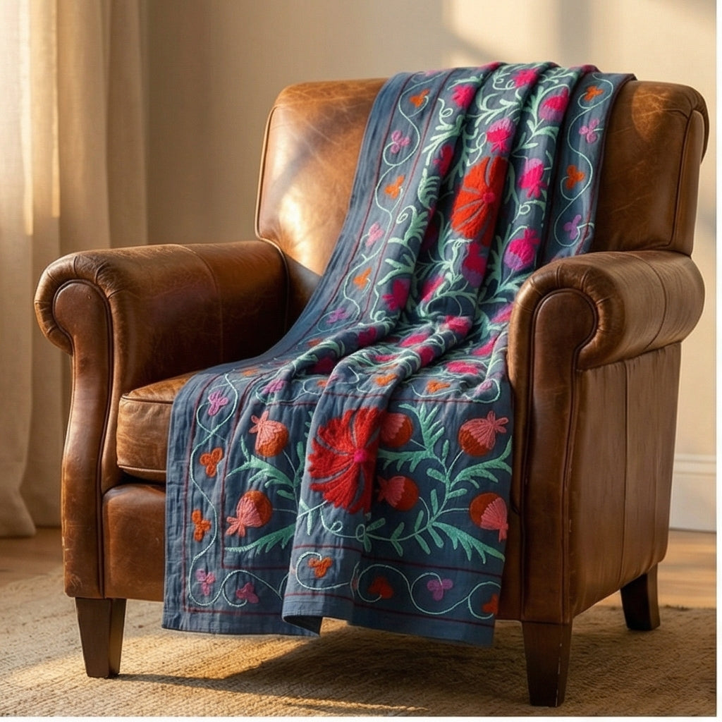 Wandering Petal Hand-Embroidered Cotton Throw