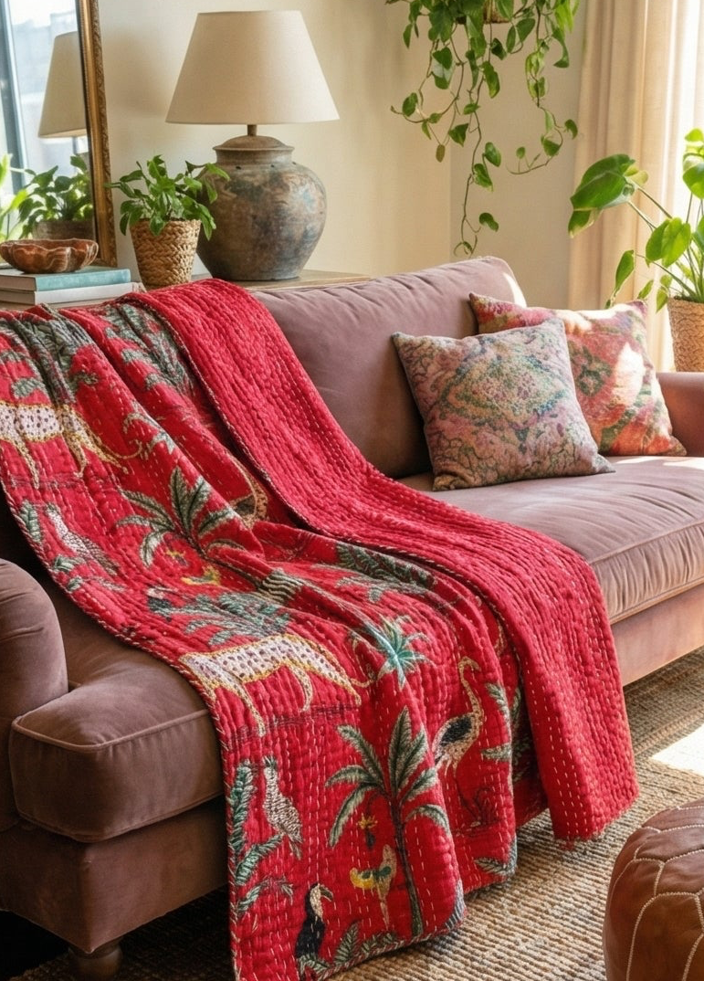 The Red Bengal Rubellite Cotton Hand-Made Kantha Throw Blanket