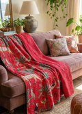 The Red Bengal Rubellite Cotton Hand-Made Kantha Throw Blanket