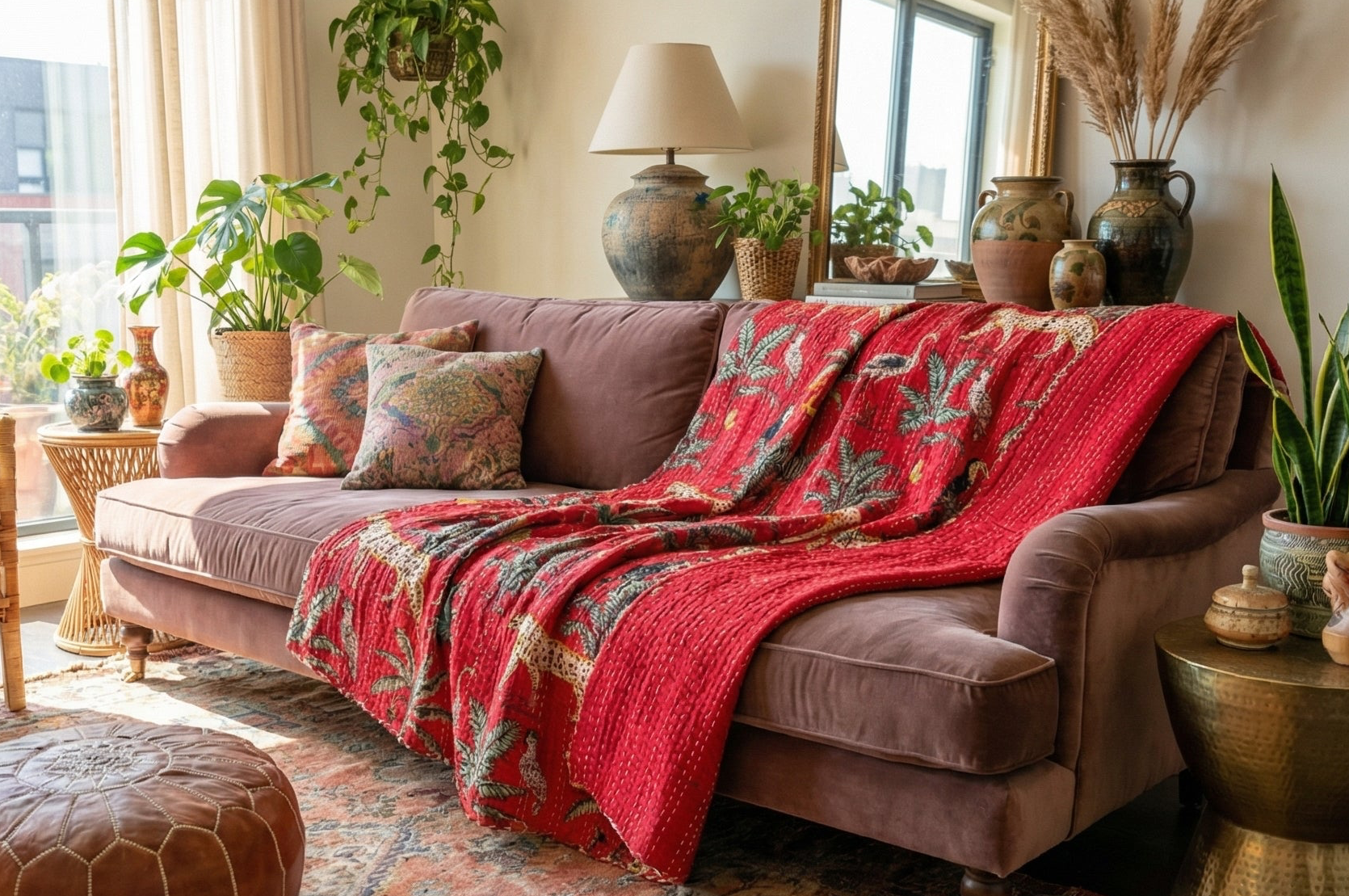 The Red Bengal Rubellite Cotton Hand-Made Kantha Throw Blanket