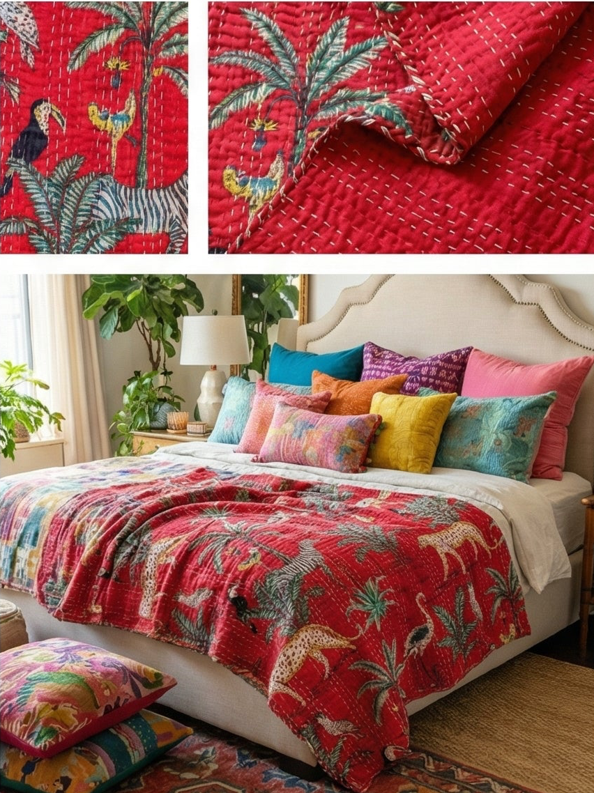 The Red Bengal Rubellite Cotton Hand-Made Kantha Throw Blanket