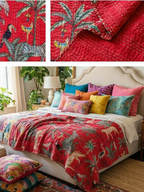 The Red Bengal Rubellite Cotton Hand-Made Kantha Throw Blanket
