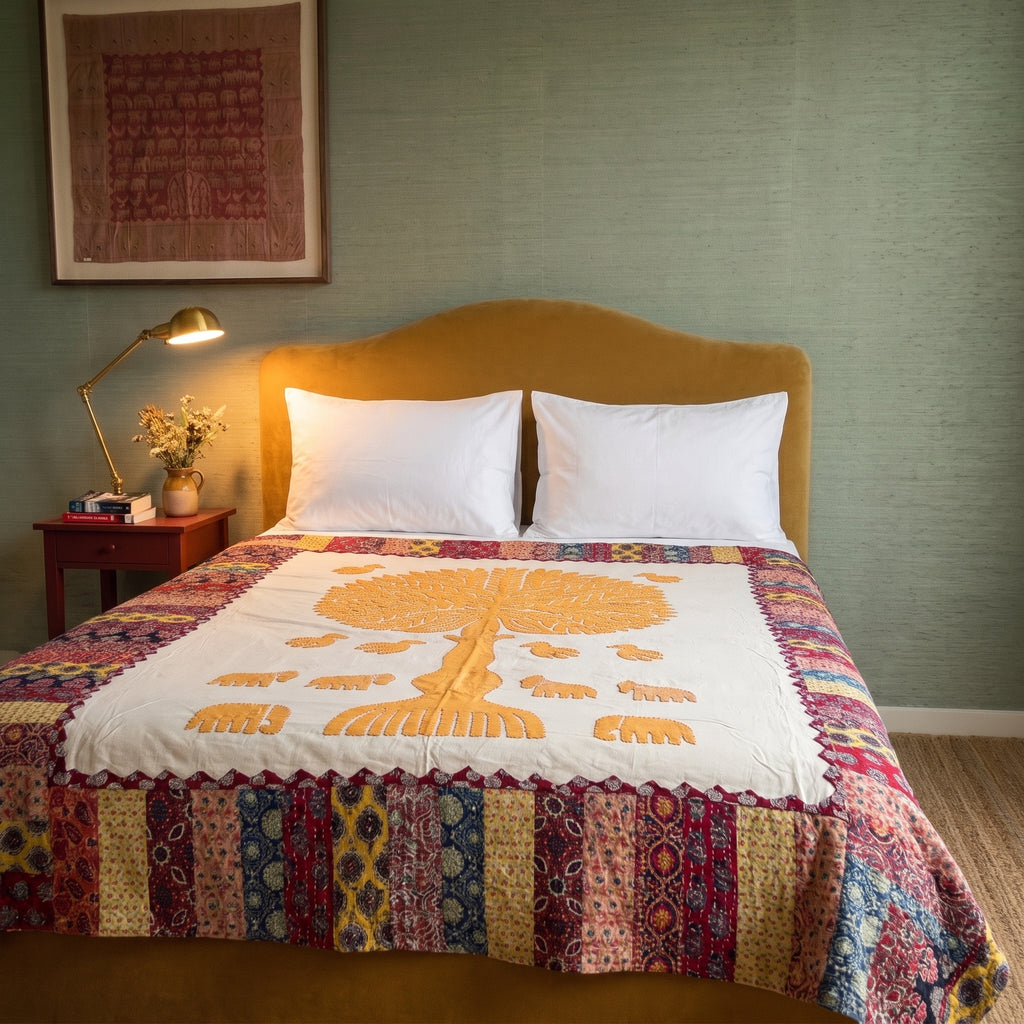 Deep Indigo Handmade Applique Kantha Queen Bedspread