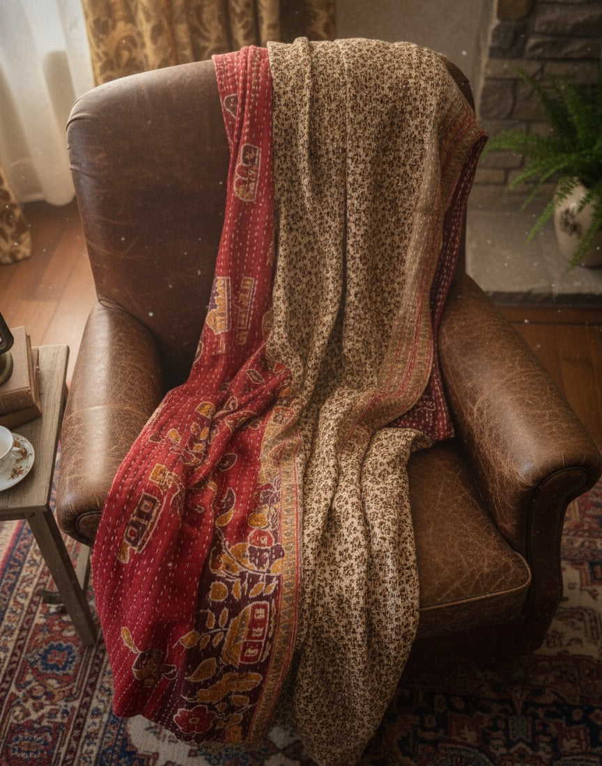 Gulmohar Dreams Hand-Made Kantha Throw Blanket