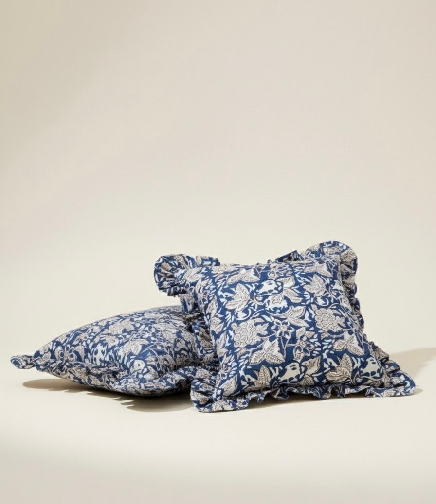 Indigo Bloom Ruffled Cotton Cushion Cover
