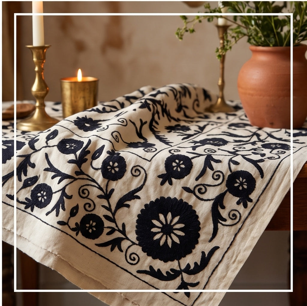 Tangled Thistle Hand-Embroidered Cotton Suzani Throw