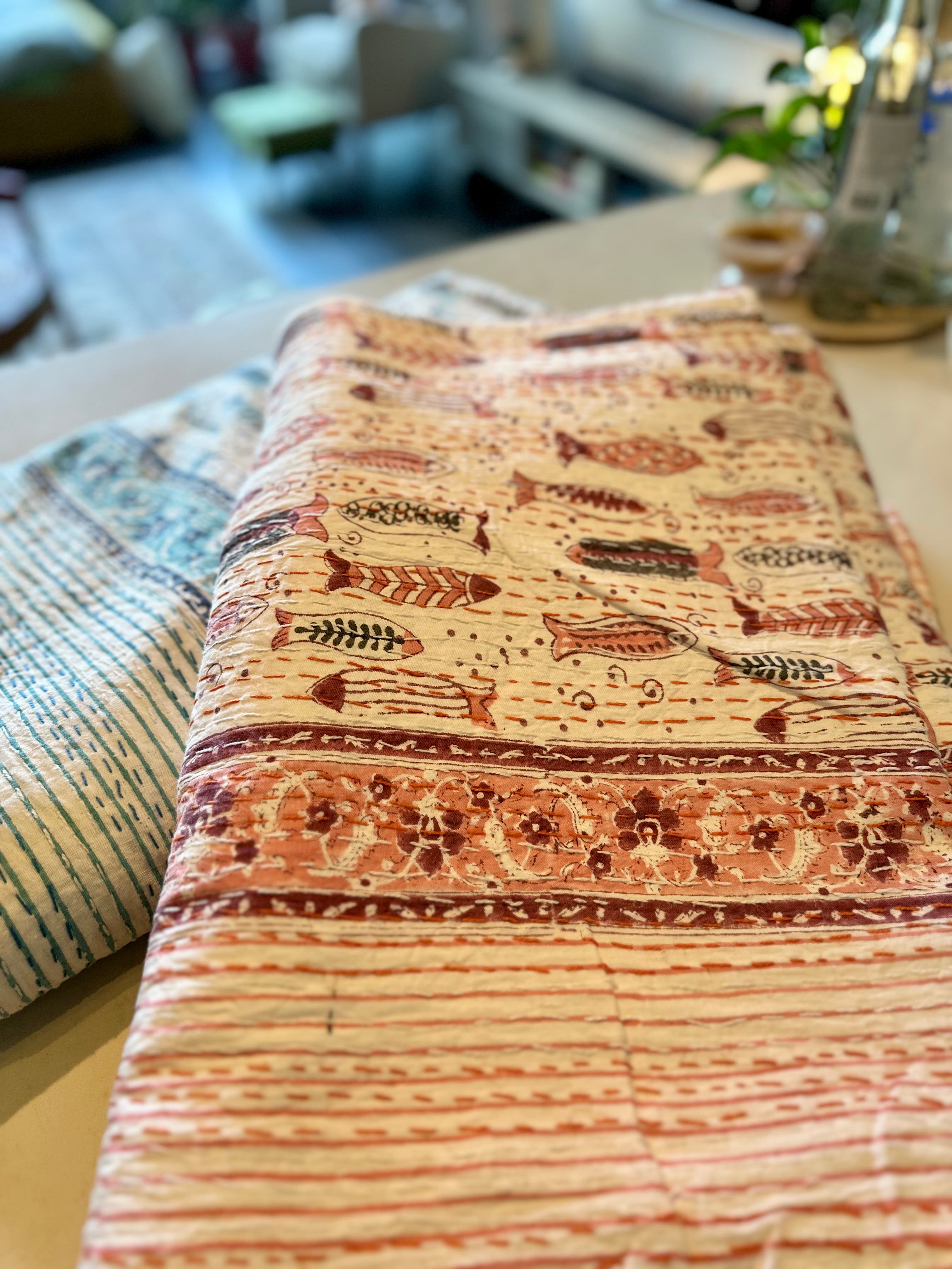 Mist Cobalt Handmade Kantha Queen Bedsheet