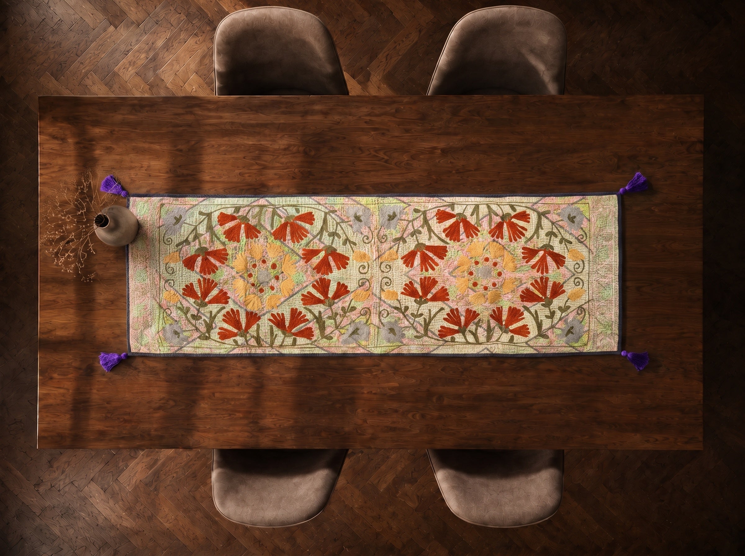 Prairie Bloom Exclusive Hand Embroidered Suzani Kantha Runner