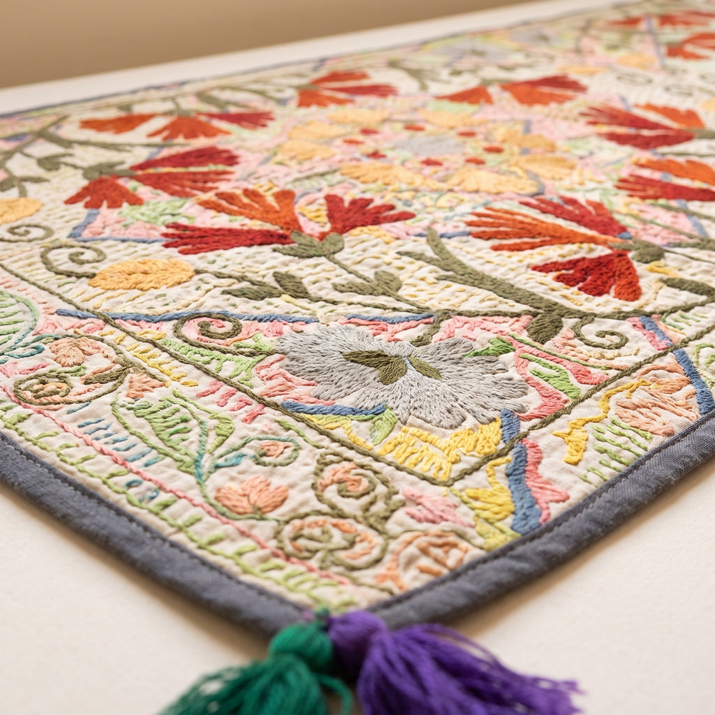 Prairie Bloom Exclusive Hand Embroidered Suzani Kantha Runner