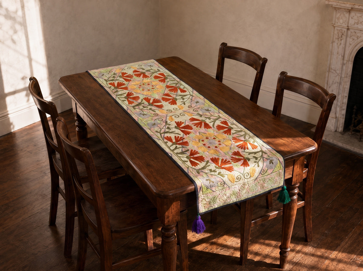 Prairie Bloom Exclusive Hand Embroidered Suzani Kantha Runner