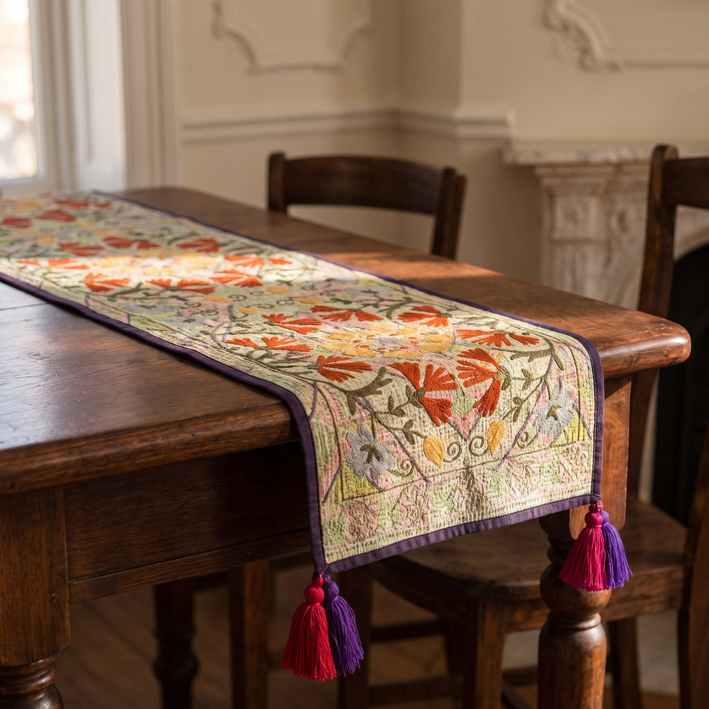 Prairie Bloom Exclusive Hand Embroidered Suzani Kantha Runner