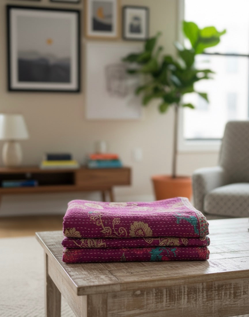 Bougainvillea Bliss Hand-Made Kantha Throw Blanket