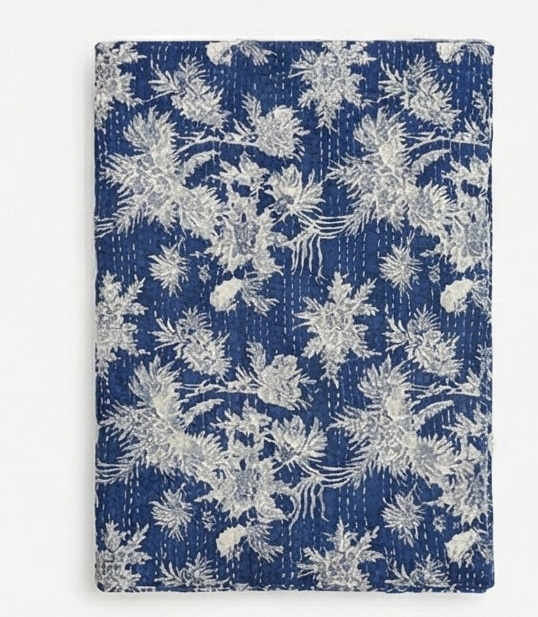 Indigo Wild Orchid Cotton Hand-Made Kantha Throw Blanket