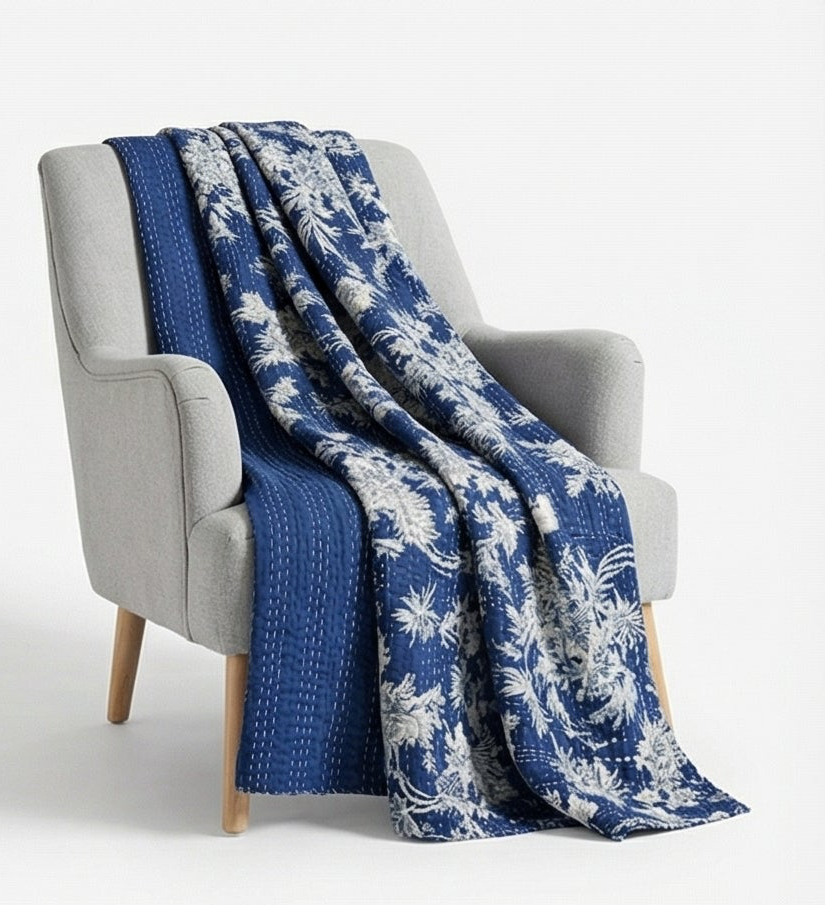 Indigo Wild Orchid Cotton Hand-Made Kantha Throw Blanket