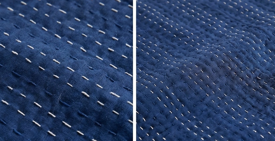 Indigo Wild Orchid Cotton Hand-Made Kantha Throw Blanket