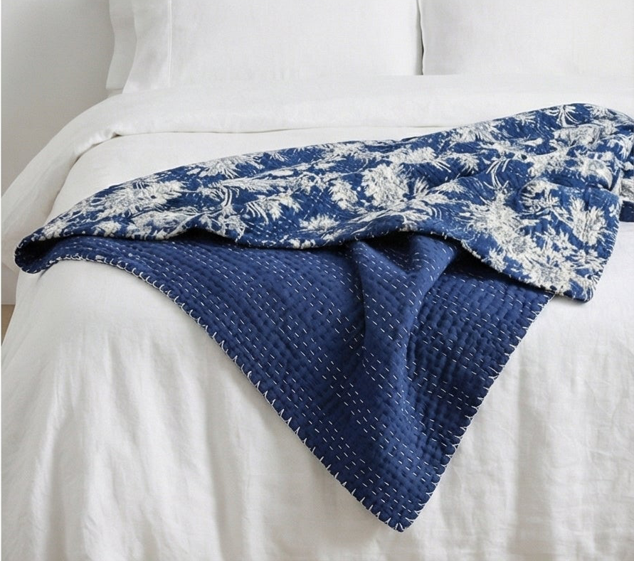 Indigo Wild Orchid Cotton Hand-Made Kantha Throw Blanket