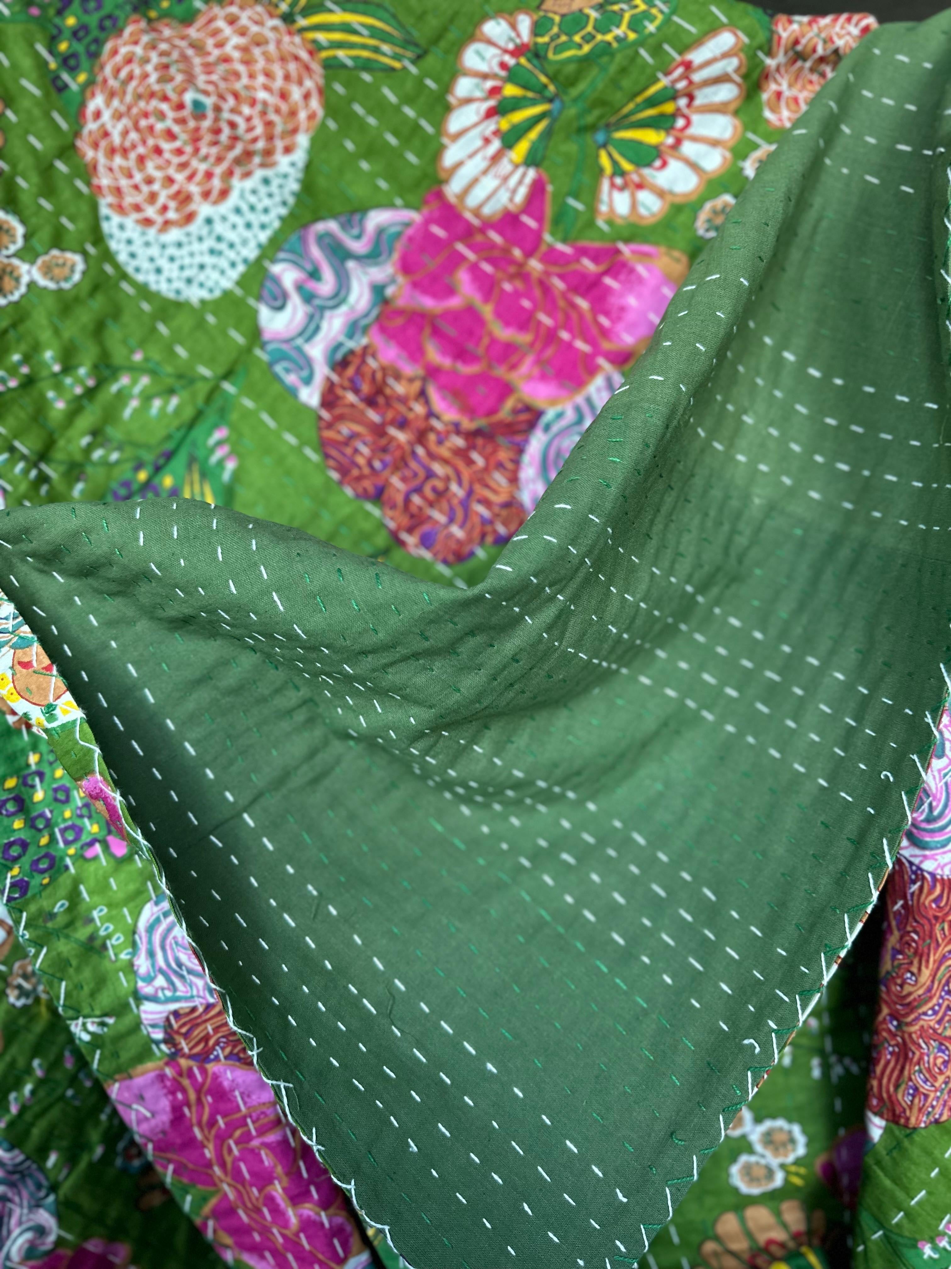 Grasslands Reverie Cotton Hand-Made Kantha Throw Blanket