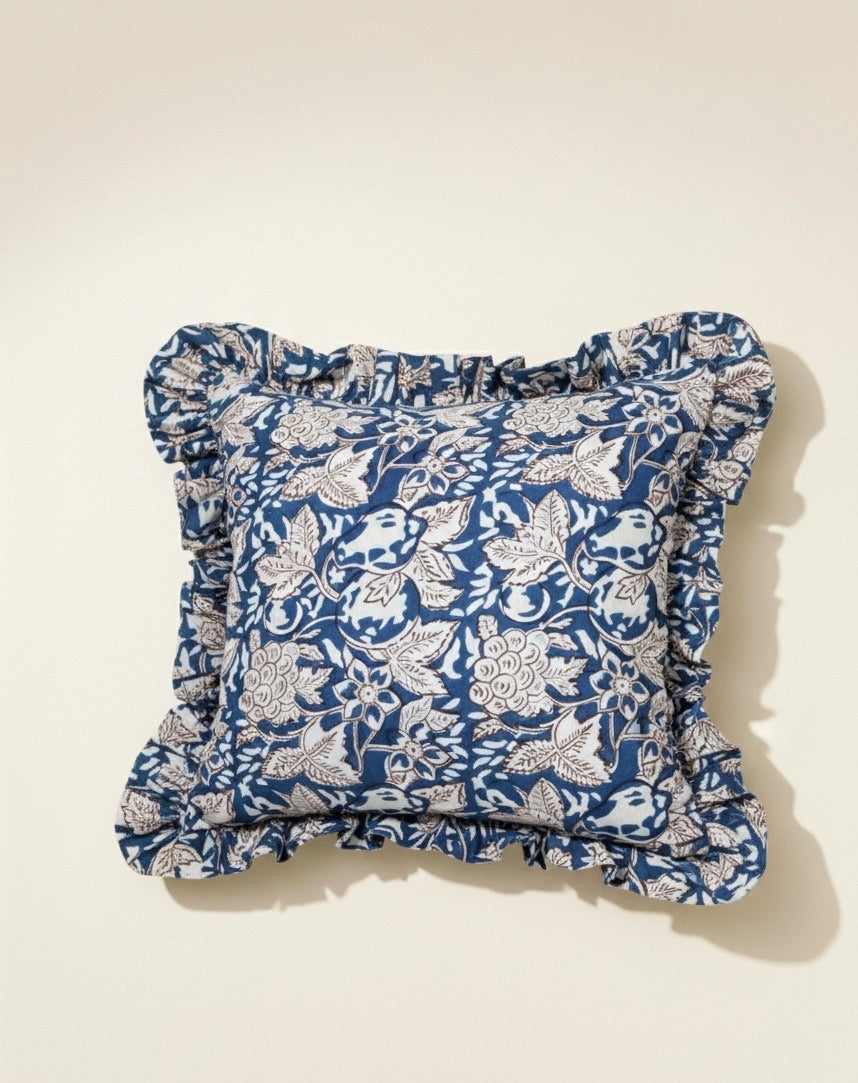 Indigo Bloom Ruffled Cotton Cushion Cover