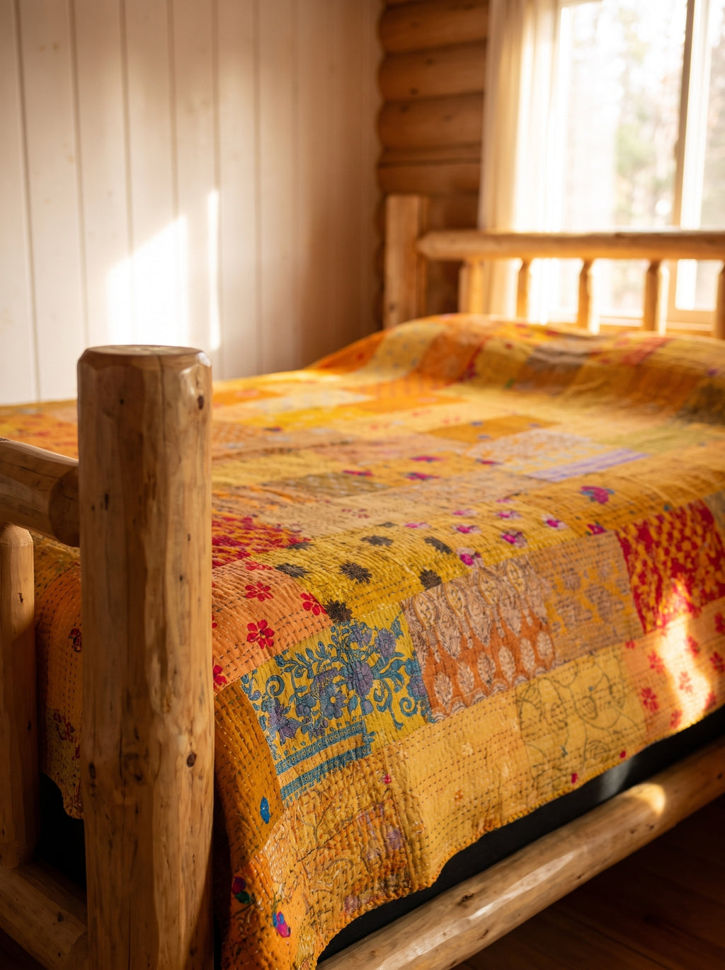 Zen Bloom Handmade Patola Kantha Queen Bedspread